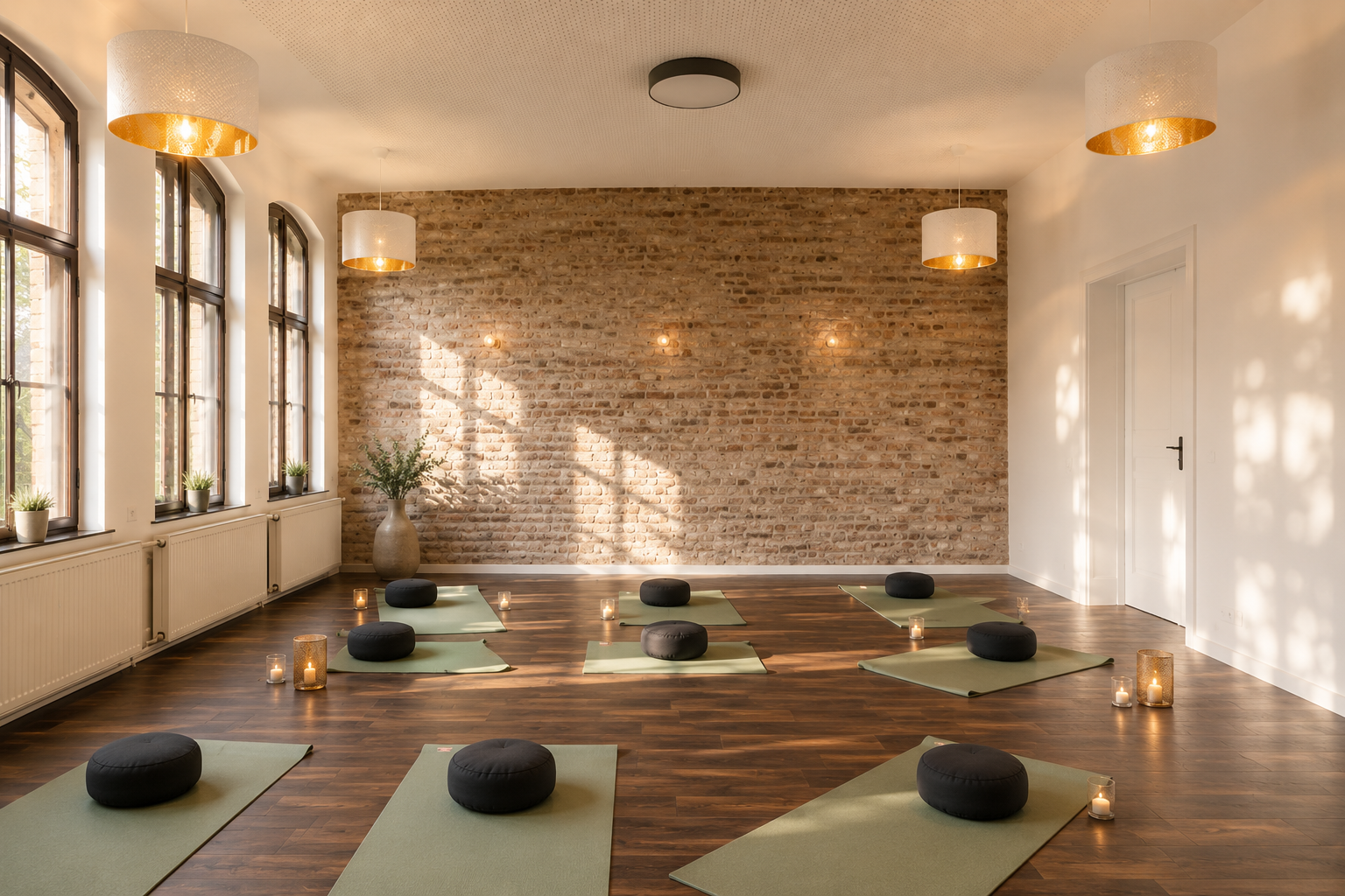 Heller, ruhiger Yogaraum mit Holzboden und großen Fenstern im Holländischen Viertel Potsdam